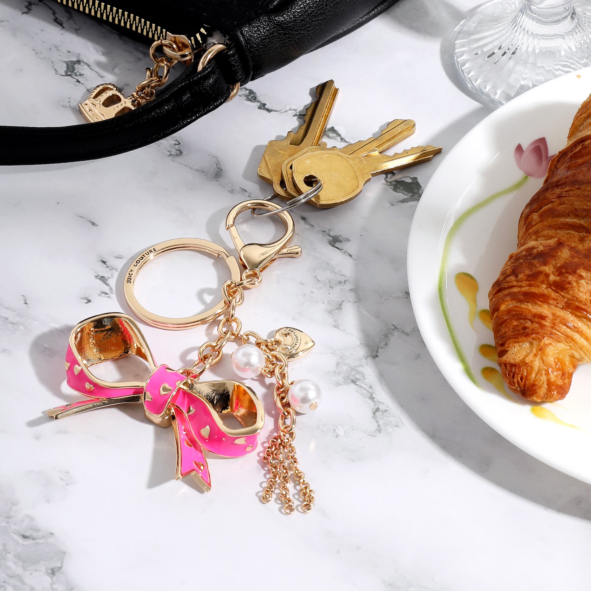 Juicy Couture Bow Charm Gold Keychain, Alternate, color, Rose Gold, Pink