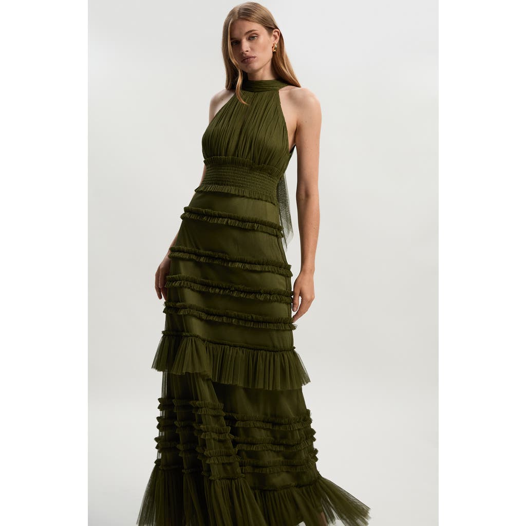 Karen Millen Tulle Layered Halter Neck Maxi Dress In Green