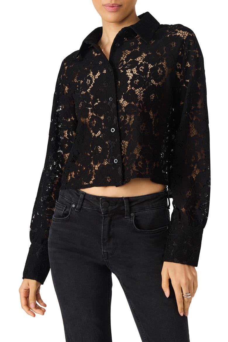 Jaiya Floral Guipure Lace Crop Button-Up Shirt, Main, color, BLACK
