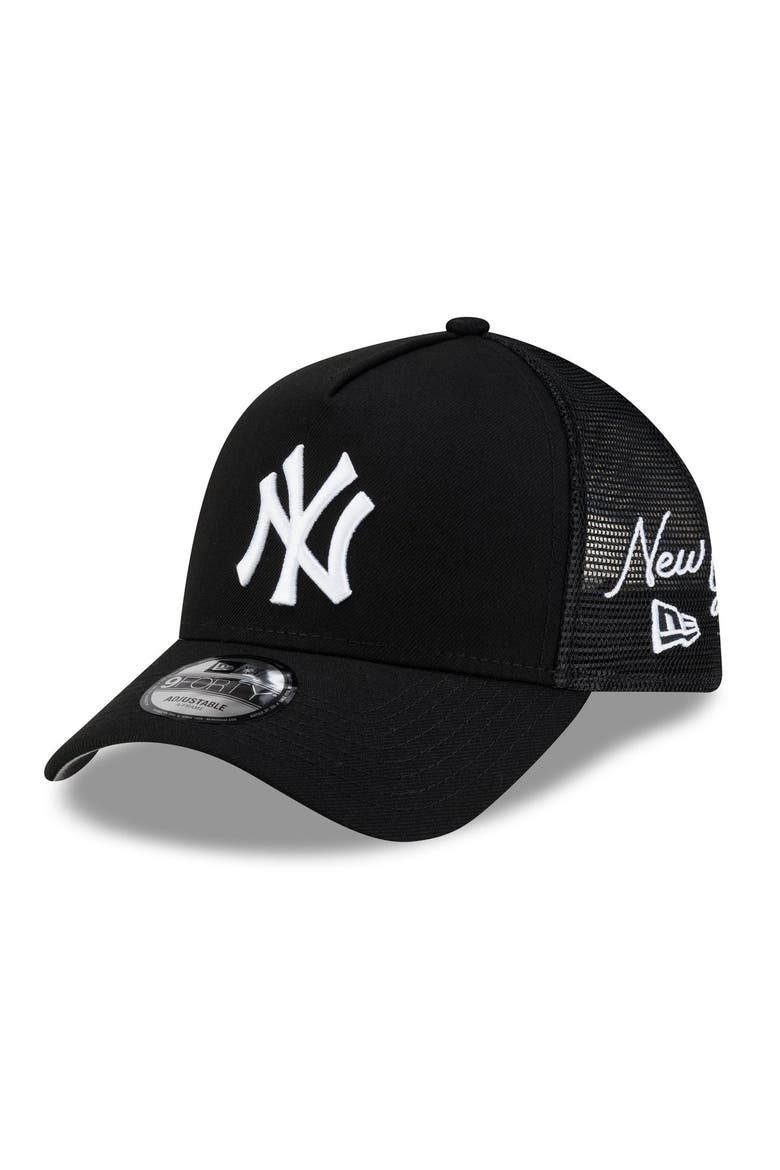 Men's New Era Black New York Yankees Side Script 9FORTY A-Frame Trucker Adjustable Hat, Main, color, Black