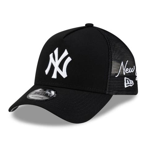 Men's New Era Black New York Yankees Side Script 9FORTY A-Frame Trucker Adjustable Hat