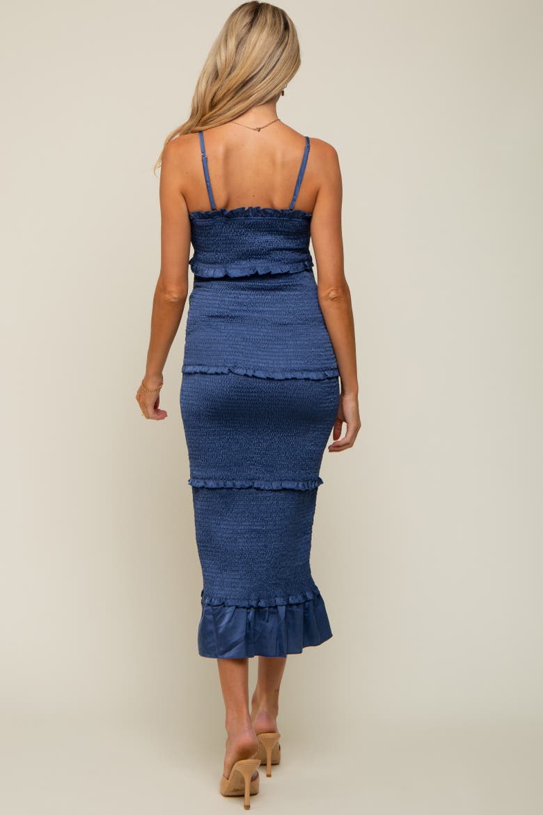 Satin Smocked Fitted Maxi Dress, Alternate, color, Navy Blue