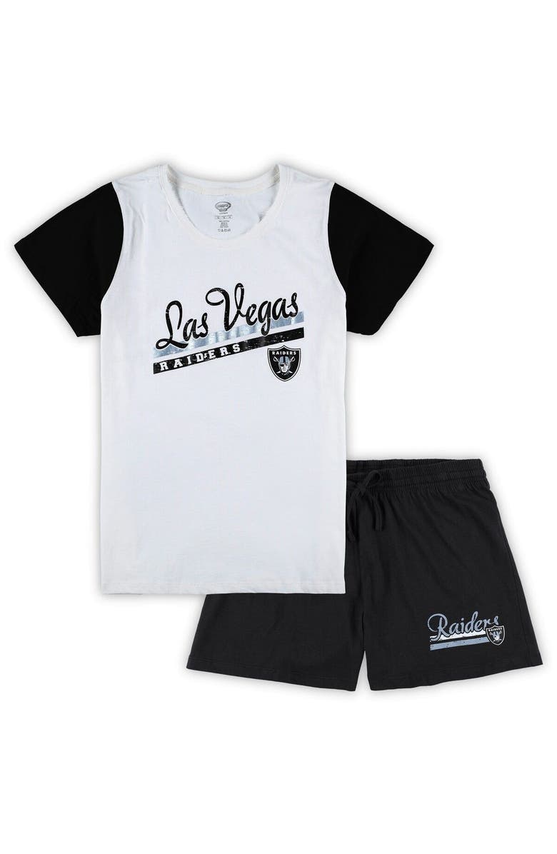 CONCEPTS SPORT Women's Concepts Sport White/Black Las Vegas Raiders Plus Size Downfield T-Shirt & Shorts Sleep Set, Main, color,