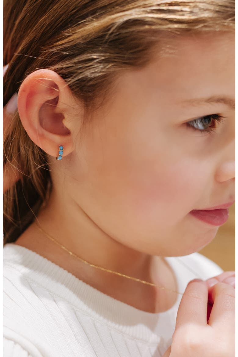 14k Gold Simulated Turquoise Pronged Hoops, Alternate, color, Aqua Blue
