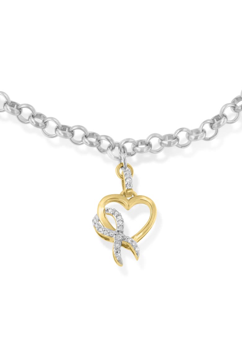 10K Yellow Gold 1/10 Cttw Diamond Ribbon & Heart Charm on Silver Rolo Bracelet, Alternate, color, Yellow