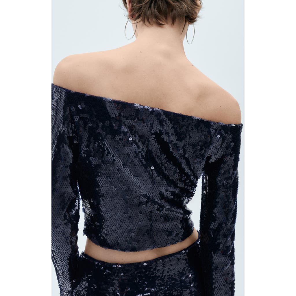 Shop Mango Off The Shoulder Sequin Crop Shirt In Blue