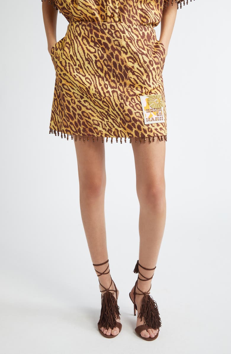 Zimmermann Coco Leopard Print Beaded Fringe Skirt, Main, color, Leopard
