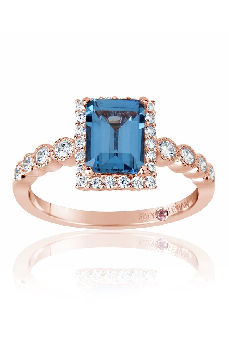 Emerald Cut Cubic Zirconia Halo Ring, Main, color, BLUE