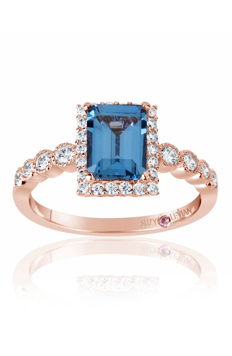 SUZY LEVIAN Emerald Cut Cubic Zirconia Halo Ring, Main, color, Blue