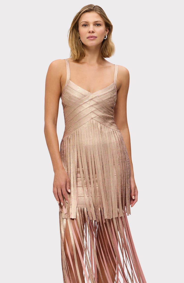 Herve Leger The Metallic Vivienne Bandage Gown, Alternate, color, Rose Gold Foil