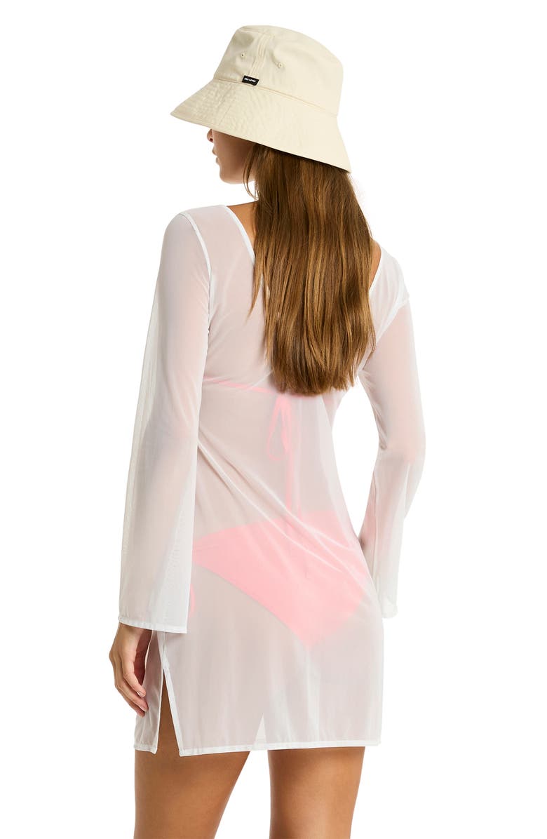Sea Level Day Club Long Sleeve Mesh Cover-Up Dress, Alternate, color, White