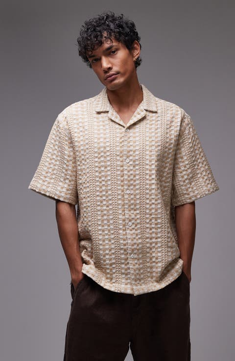 Basket Weave Textured Cotton Camp Shirt