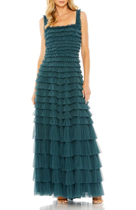 Ruffled Textured Sleeveless Mesh Gown