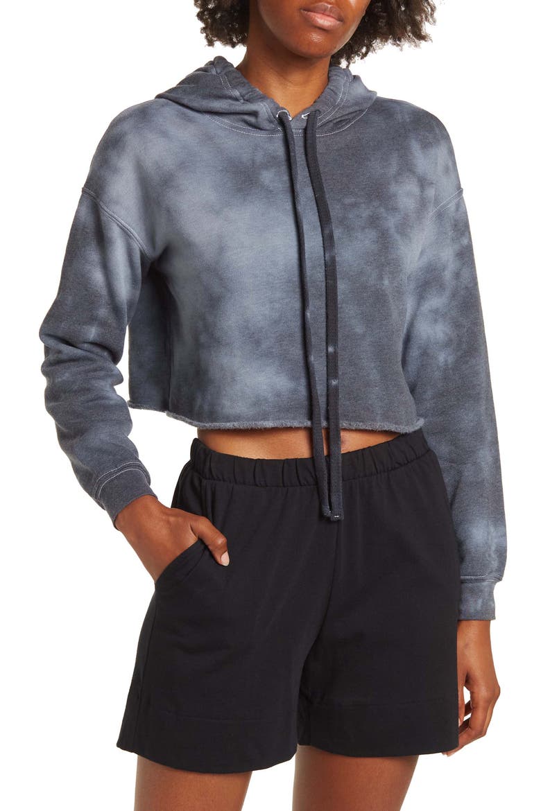 Crop Tie Dye Hoodie, Main, color, BLK/GREY TIE DYE
