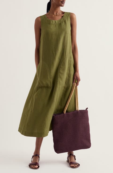 Cresting Waves Sleeveless Linen A-Line Dress (Regular & Petite)