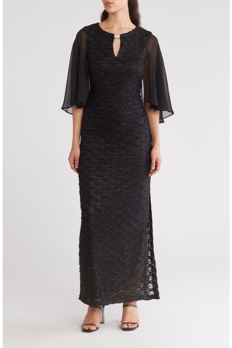 Cape Sleeve Rhinestone Gown, Main, color, BLACK