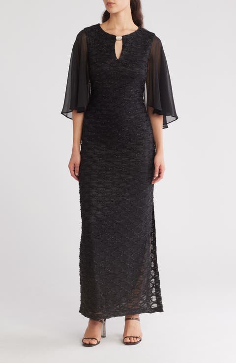 Cape Sleeve Rhinestone Gown