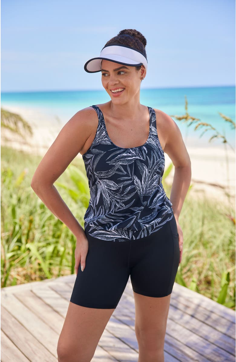 ShapeSolver Shirred Neck Blouson Mastectomy Tankini Swimsuit Top, Alternate, color, Leaf Encounter