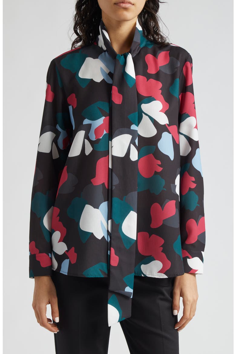 Floral Tie Neck Crepe Shirt, Main, color, BLACK MULTI