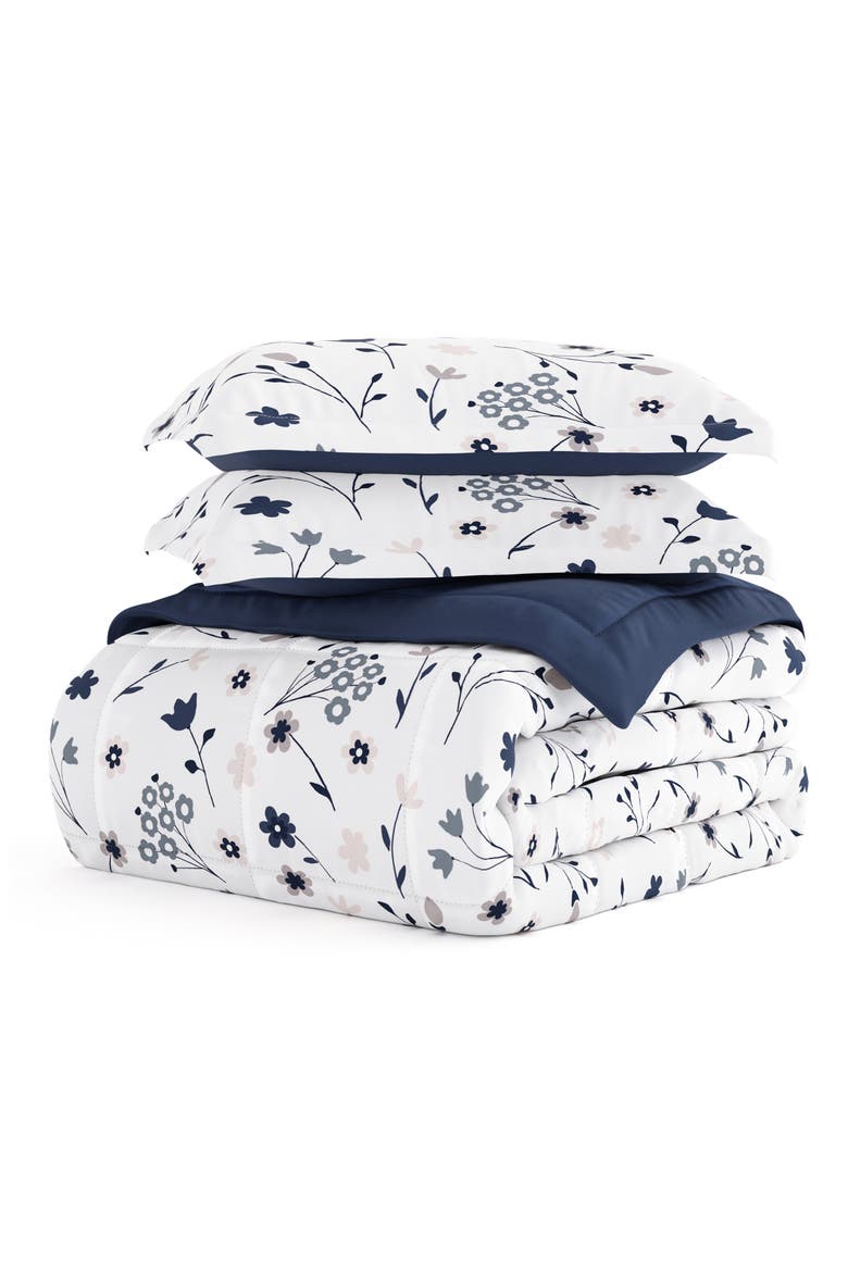 HOME SPUN Premium Down Alternative Forget Me Not Reversible Comforter Set, Main, color, NAVY