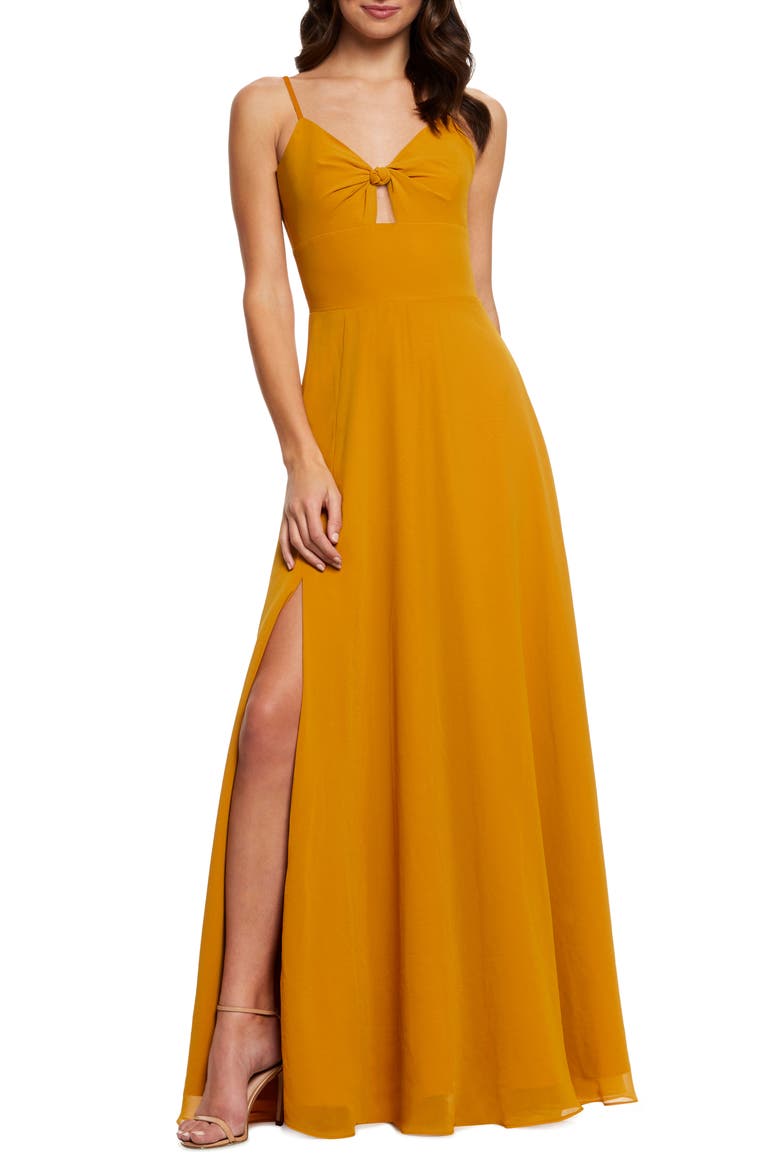Cambria Tie Bodice Evening Dress, Main, color, HONEY