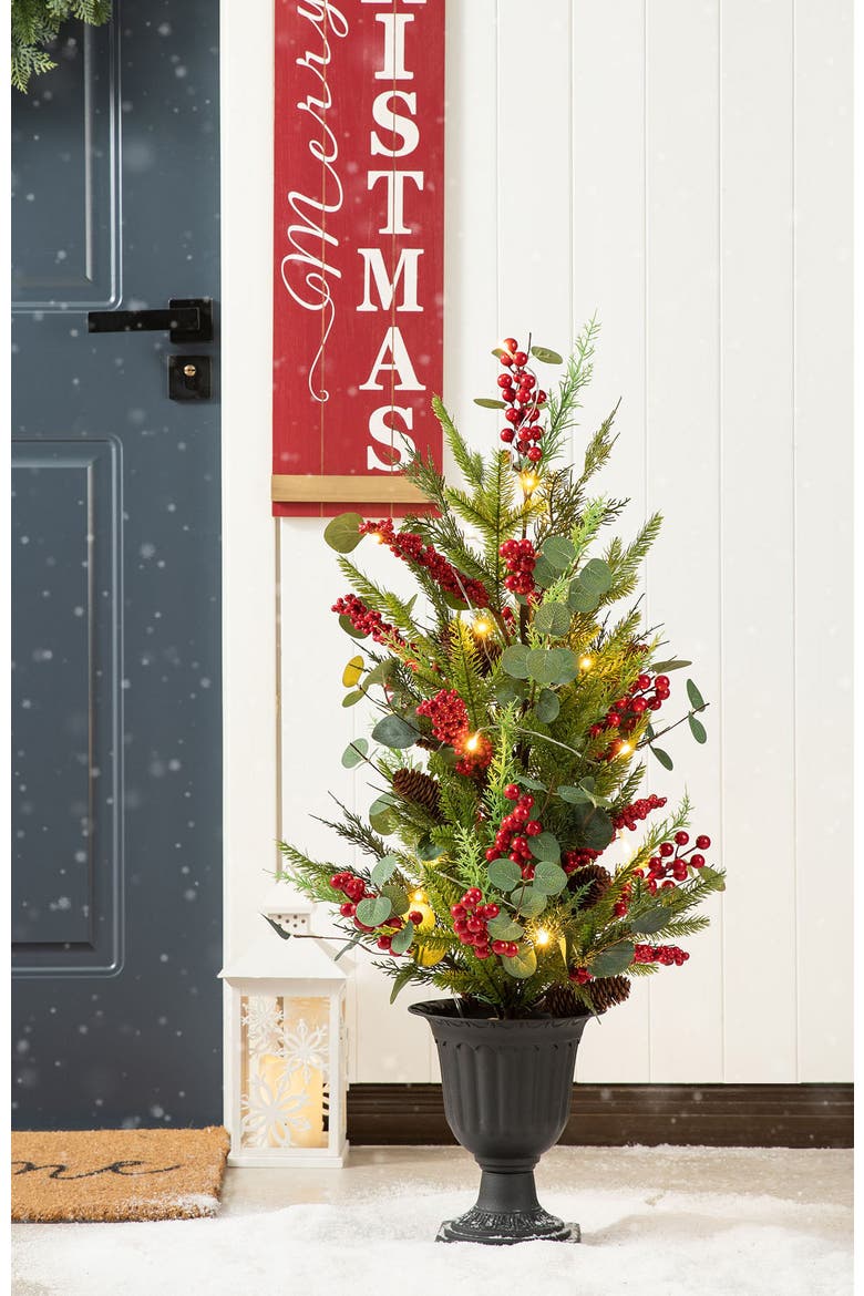 3FT Christmas Lighted Pine Needle Urn Porch Tree with Timer, Alternate, color, Green
