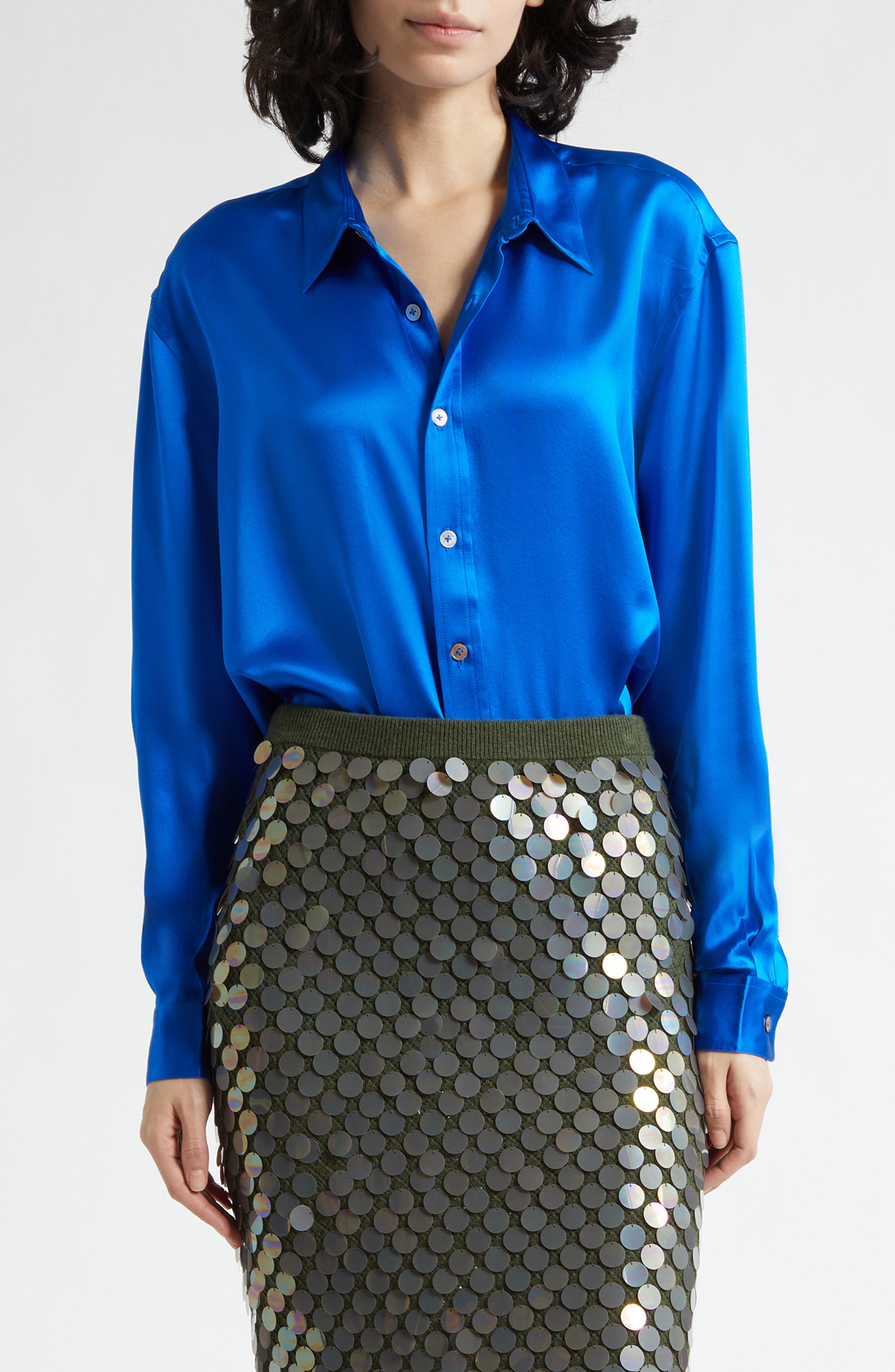 Jimmy Solid Silk Satin Button-Up Shirt