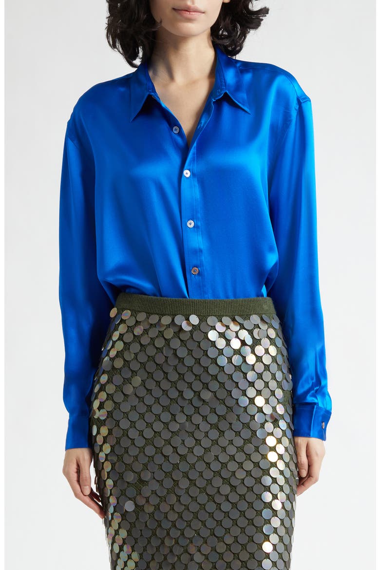 Jimmy Solid Silk Satin Button-Up Shirt, Main, color, COBALT