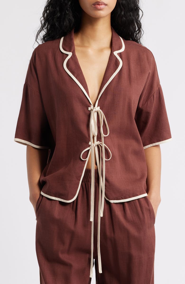 Petal & Pup Dalton Tie Front Cotton & Linen Shirt, Main, color, Brown Cream