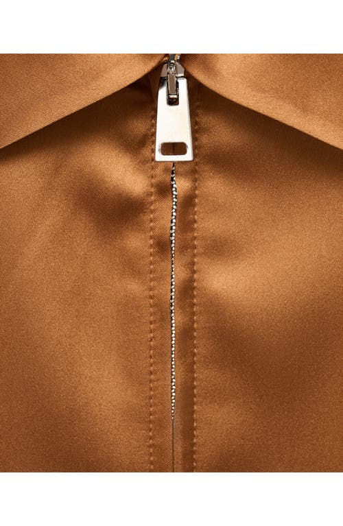 Mango Front Zip Satin Jacket In Brown