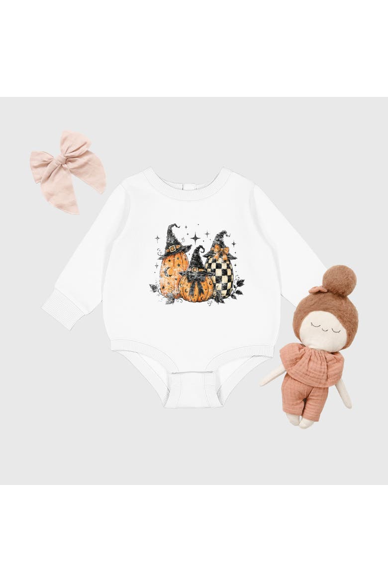 Witch Hat Pumpkins Infant Fleece BodySuit, Alternate, color, White