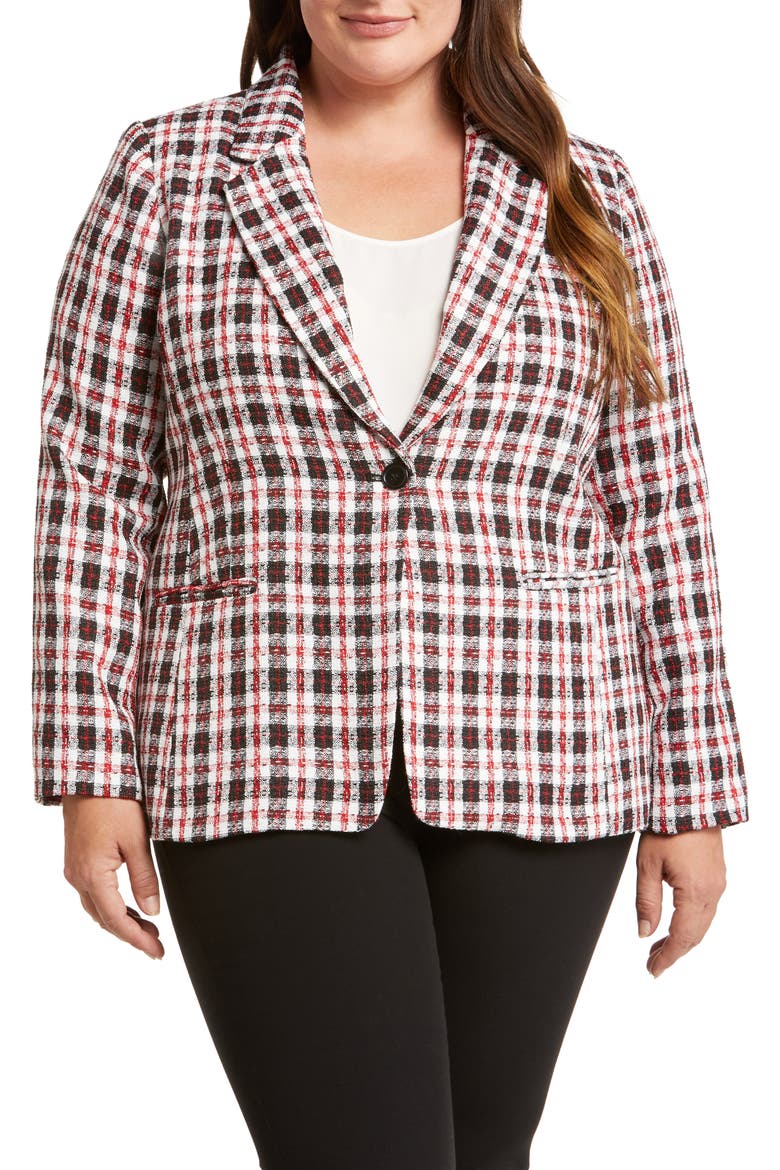 Plaid Notch Lapel Tweed Blazer, Alternate, color, IVORY BLACK RED