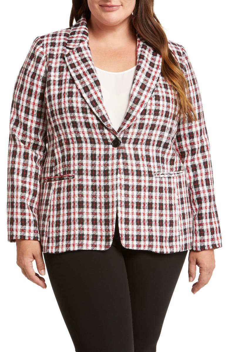 Tahari ASL Plaid Notch Lapel Tweed Blazer, Alternate, color, Ivory Black Red