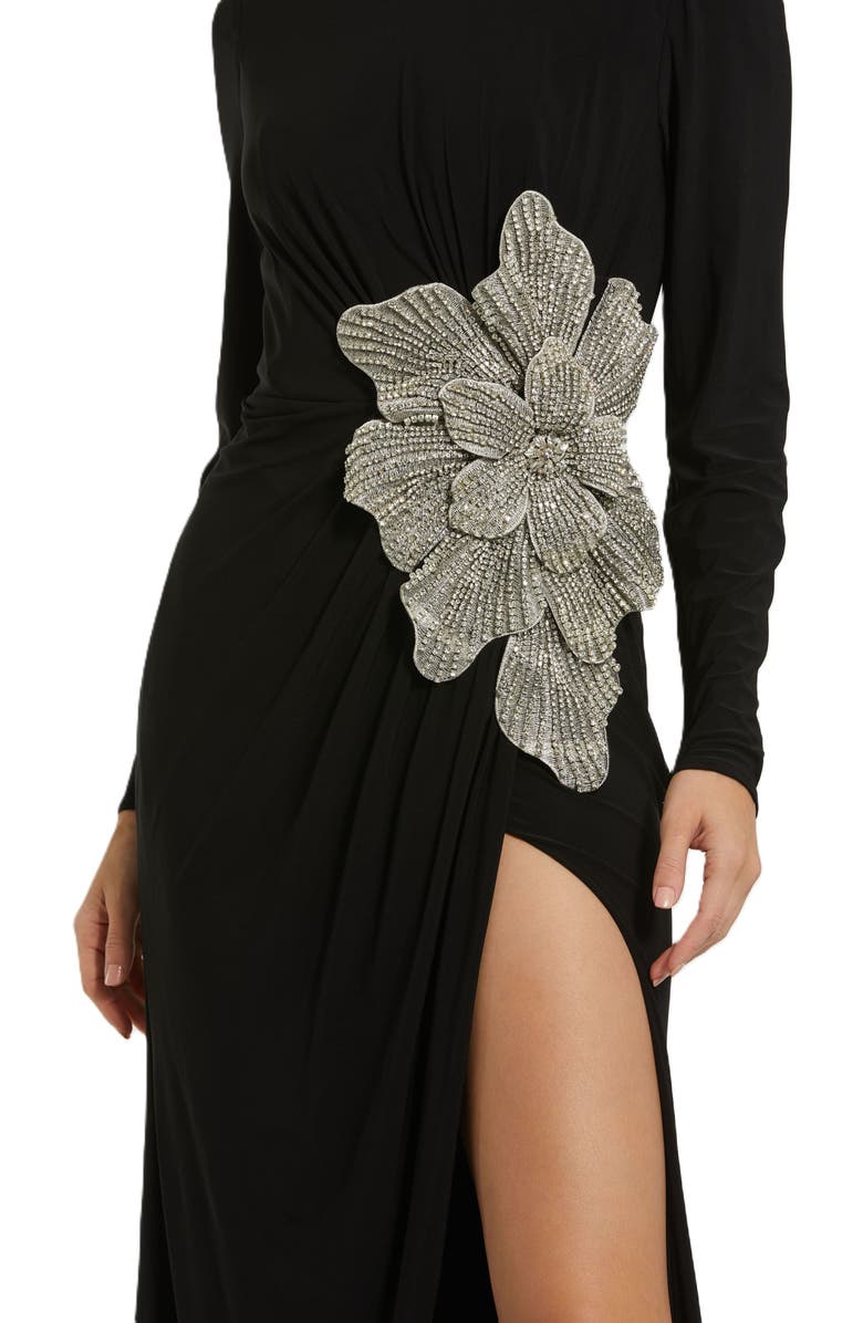 Mac Duggal Jersey Gown With Embellished Flower, Alternate, color, Black