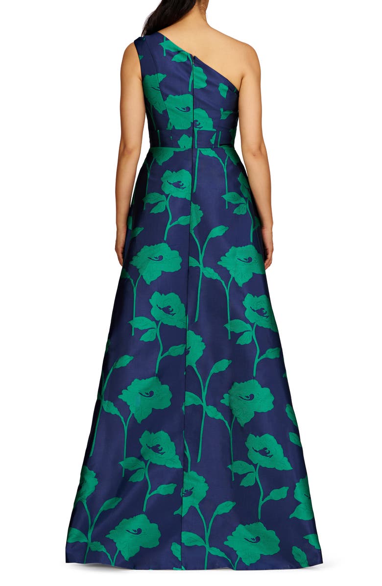 Kay Unger Tiara Floral Print One-Shoulder Gown, Alternate, color, Navy/ Emerald