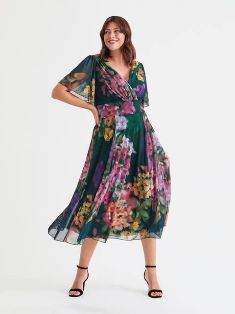 Victoria Floral Angel Sleeve Midi Dress