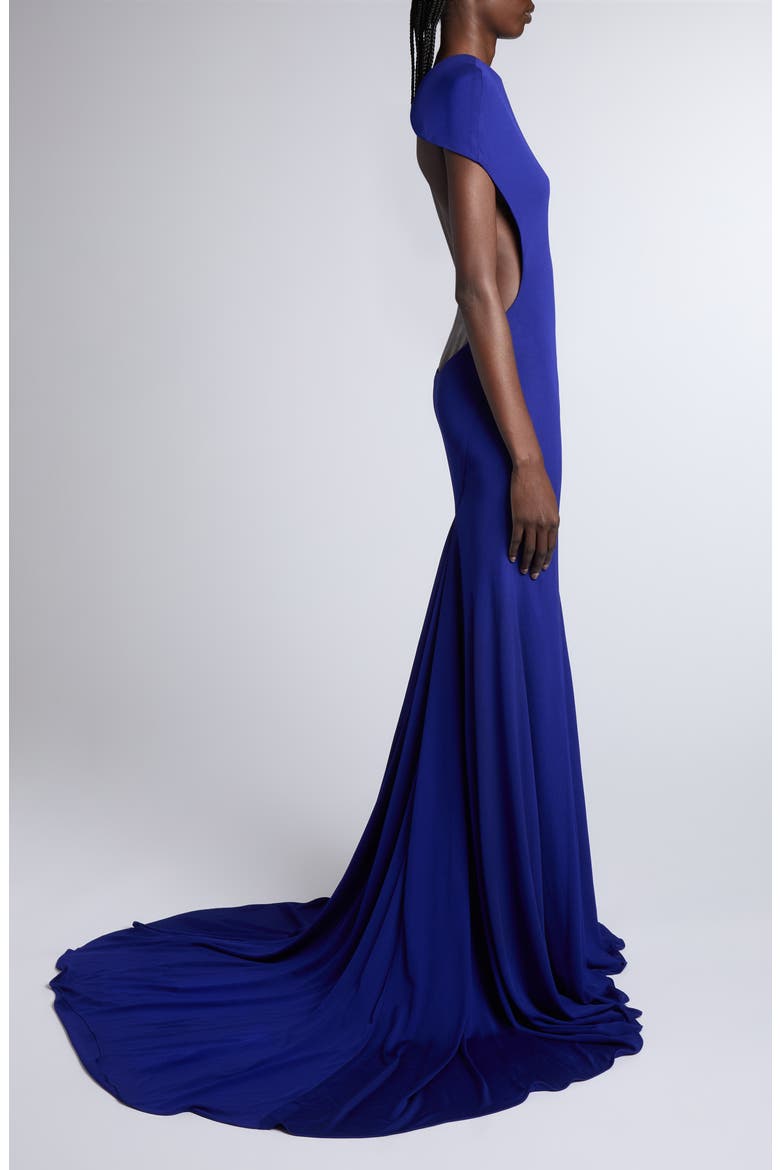 Impossible Backless Crepe Jersey Gown with Train, Alternate, color, CLEMATIS BLUE