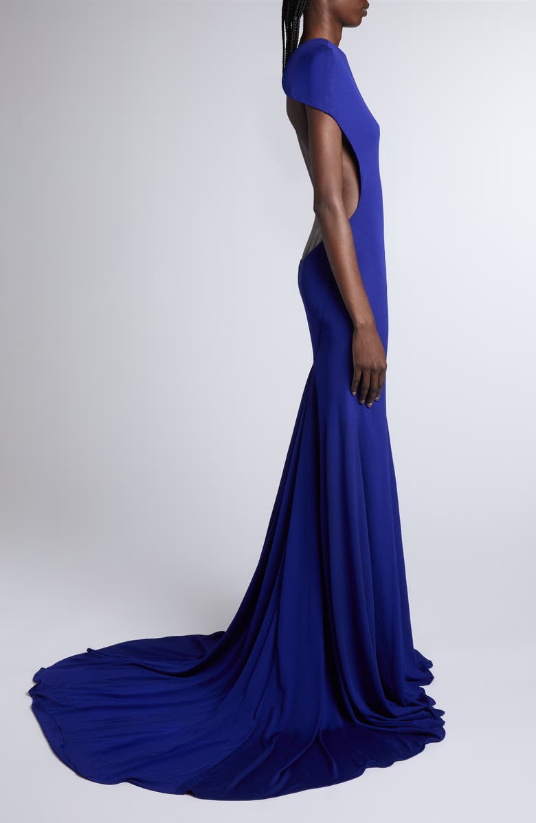 TOM FORD Impossible Backless Crepe Jersey Gown with Train, Alternate, color, Clematis Blue
