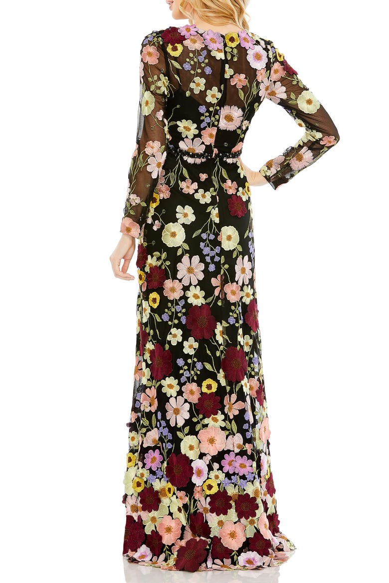 Embroidered Appliqué Long Sleeve Mesh Gown, Alternate, color, BLACK MULTI