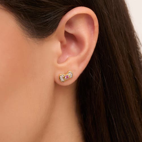 Hello Kitty White & Pink Sapphire Bow Stud Earrings In Gold