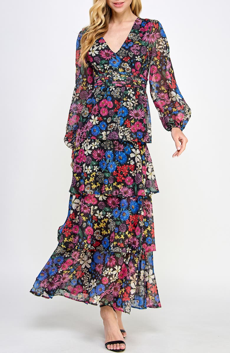KOKO + MASON Floral Open Back Long Sleeve Maxi Dress, Main, color, 