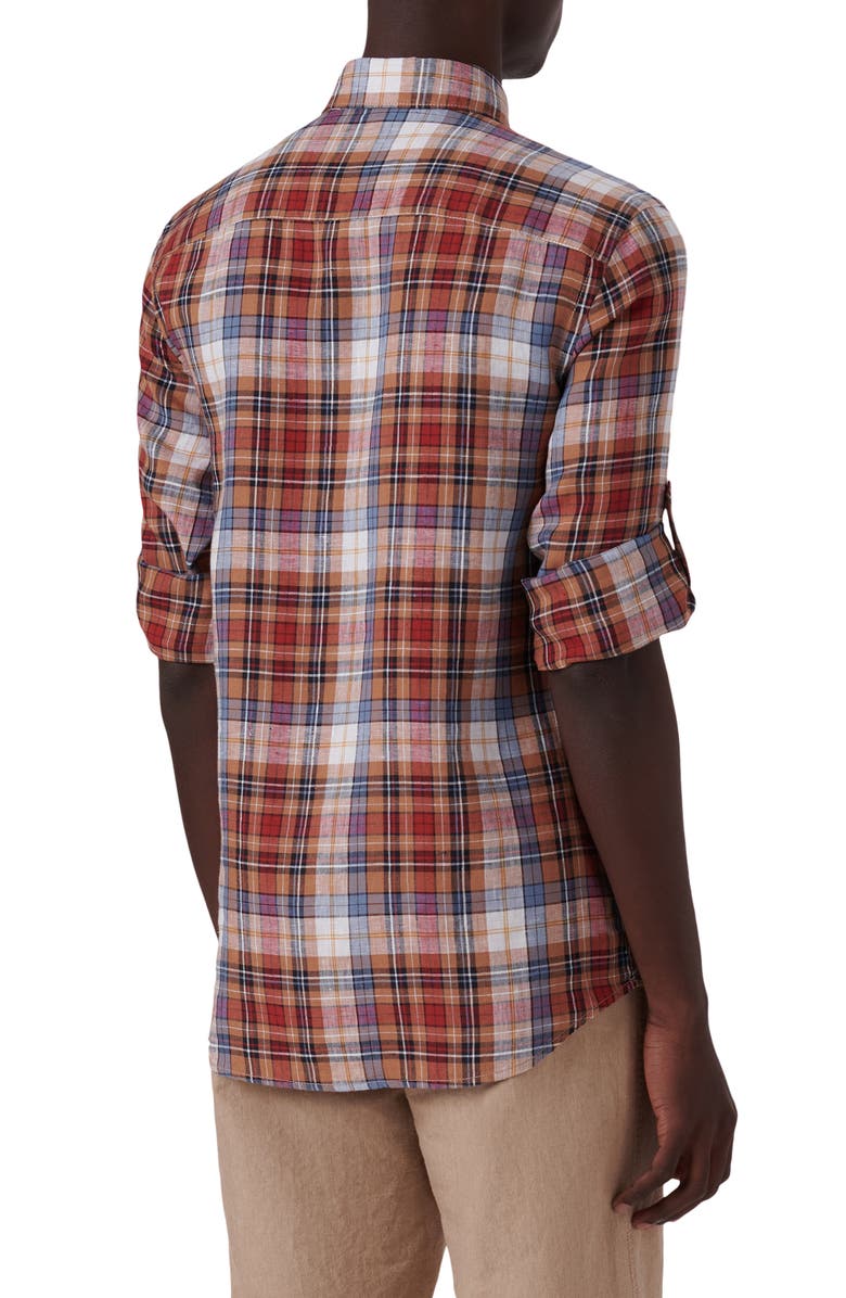 Bugatchi Plaid Linen Button-Up Shirt, Alternate, color,