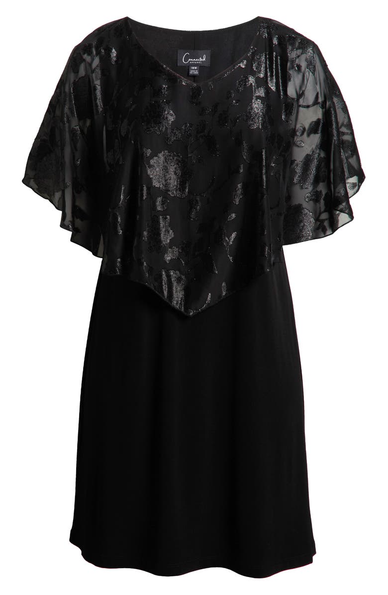 Connected Apparel Floral Jacquard Cape Overlay Cocktail Dress, Alternate, color, Black