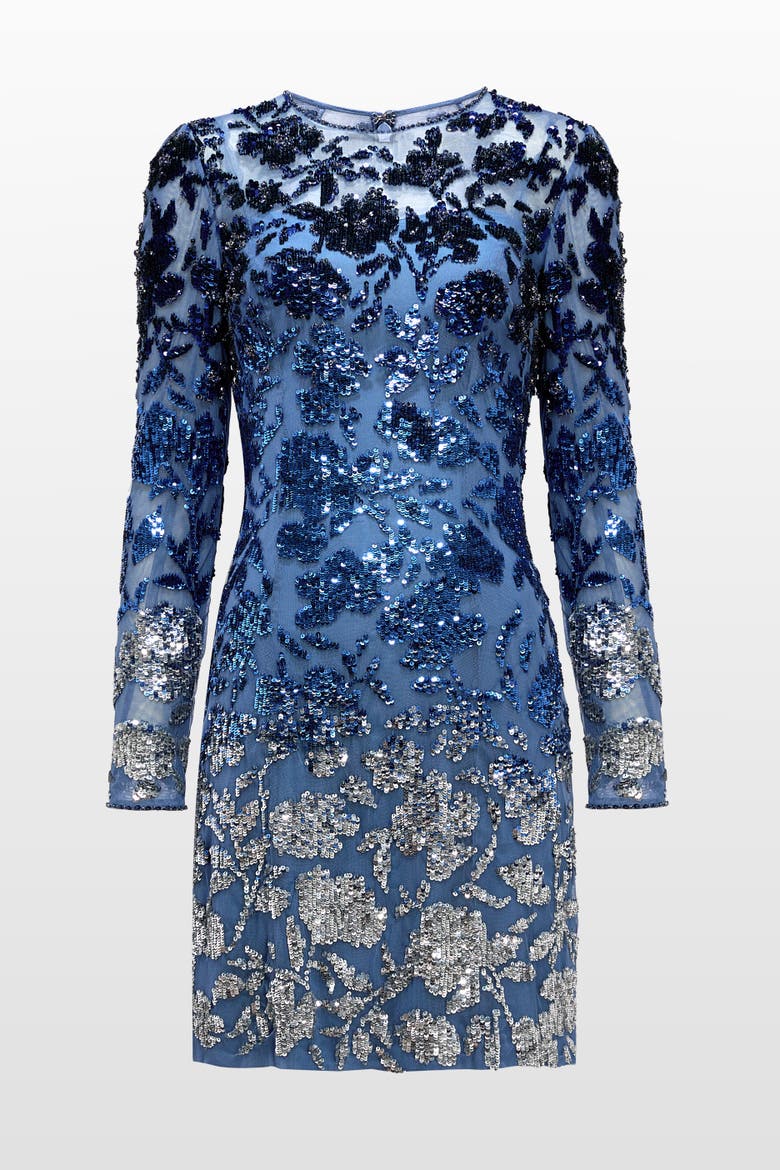 Jazz Sequin-Embellished Floral-Pattern Mini Dress, Alternate, color, Denim