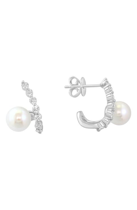 14K White Gold Diamond & 6mm Freshwater Pearl Huggie Hoop Earrings - 0.37ct.