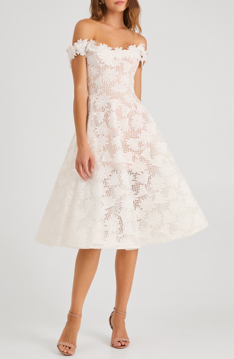 HELSI Valentina Floral Appliqué Off the Shoulder Cocktail Midi Dress, Main, color, Off White