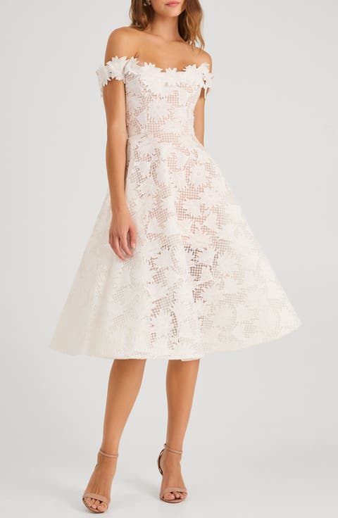 Valentina Floral Appliqué Off the Shoulder Cocktail Midi Dress