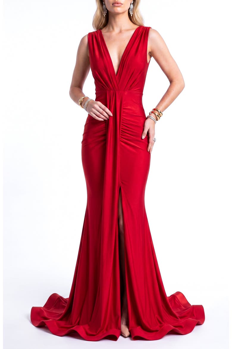 Plunging V-Neck Draped Mermaid Gown, Alternate, color, Red