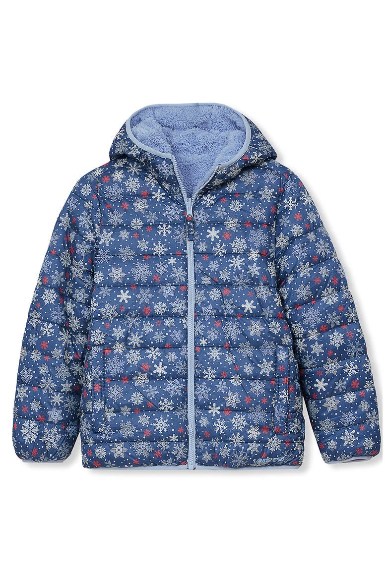 Girls Featherfree Reversible Hooded Jacket, Main, color, Snowflake/Sky Blue