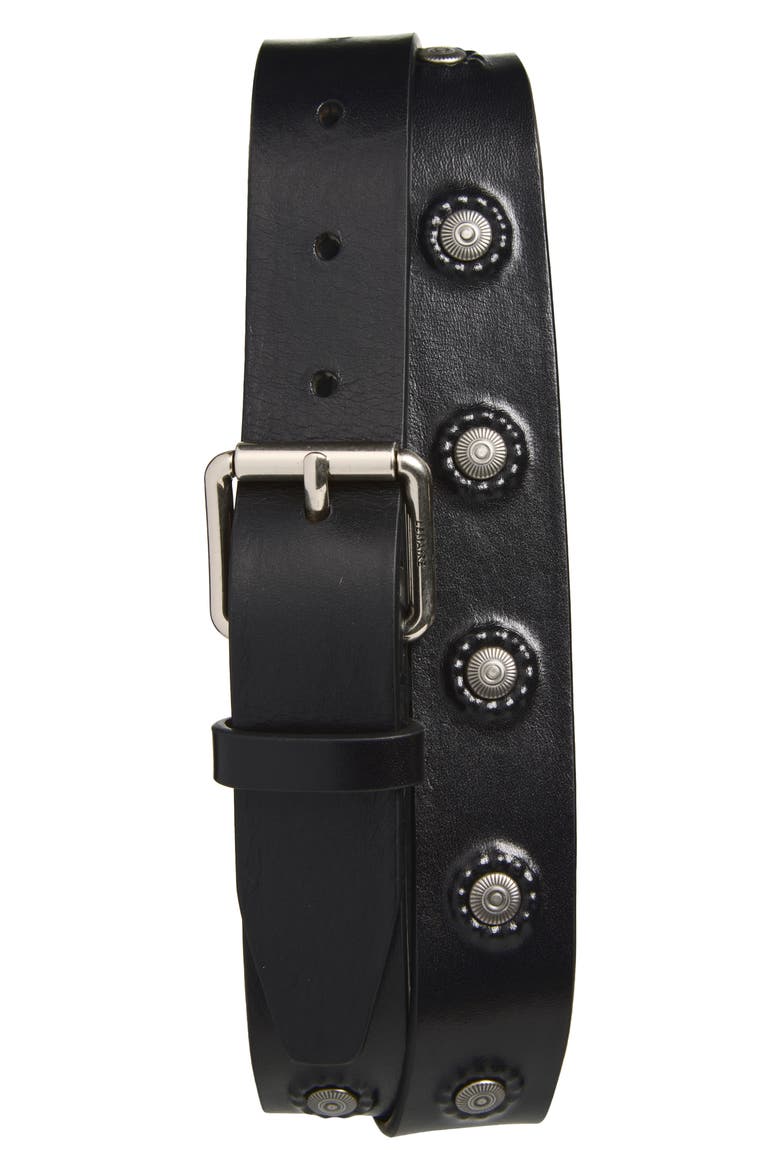 Marguerite Studded Leather Belt, Main, color, BLACK
